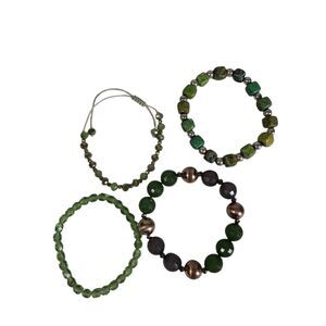Bundle Lot of 4 Shades of Green Beaded Assorted Stack Stretch Fashion Bracelets